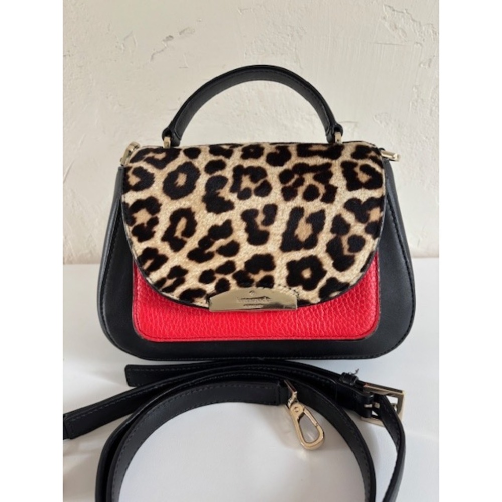 Kate Spade RARE Leopard Calf Hair Red Black Leather Crossbody Satchel Bag